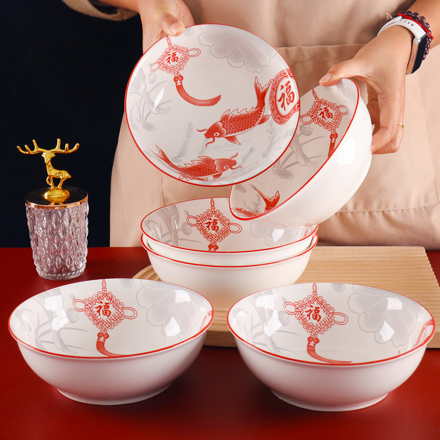 4只装陶瓷面碗家用中式福鱼加厚防烫7英寸红色新年菜碗汤碗斗笠碗