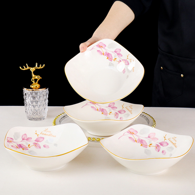 四角盘子菜盘家用8英寸海棠花陶瓷翘脚碗深盘汤碗凉菜碗沙拉碗盘