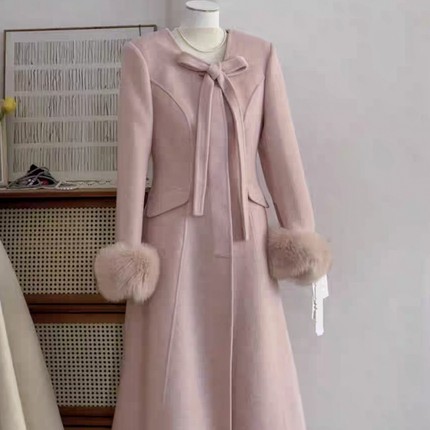 2025秋冬韩国东大门气质名媛高级感狐狸毛袖双面羊毛呢大衣外套长