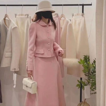 韩国东大门2025秋冬双面羊毛大衣女伞裙收腰圆领毛呢外套两件套装