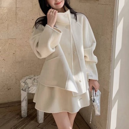2025秋冬韩国东大门气质名媛小个子立领双面羊毛羊绒外套短裙套装