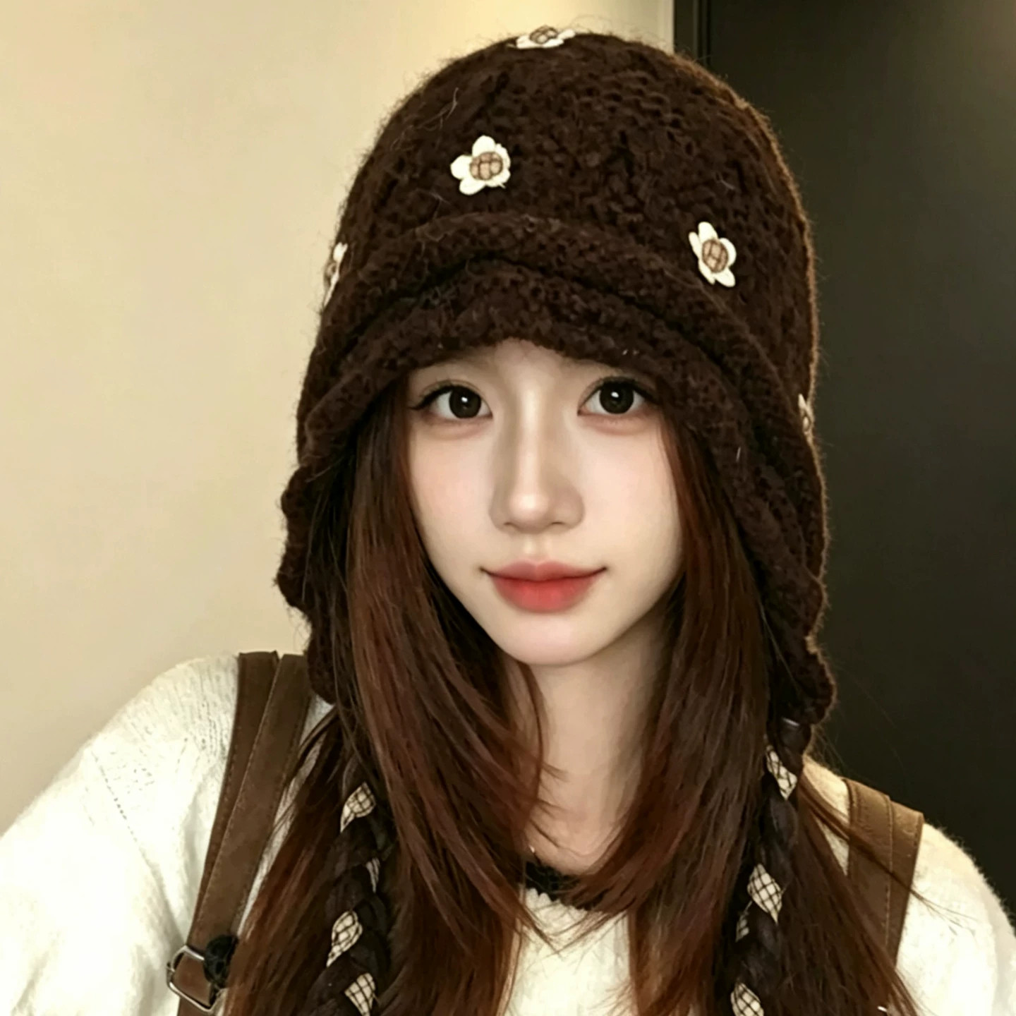 复古花朵流苏帽子女秋冬季冬季加绒保暖毛线帽显脸小护耳帽针织帽