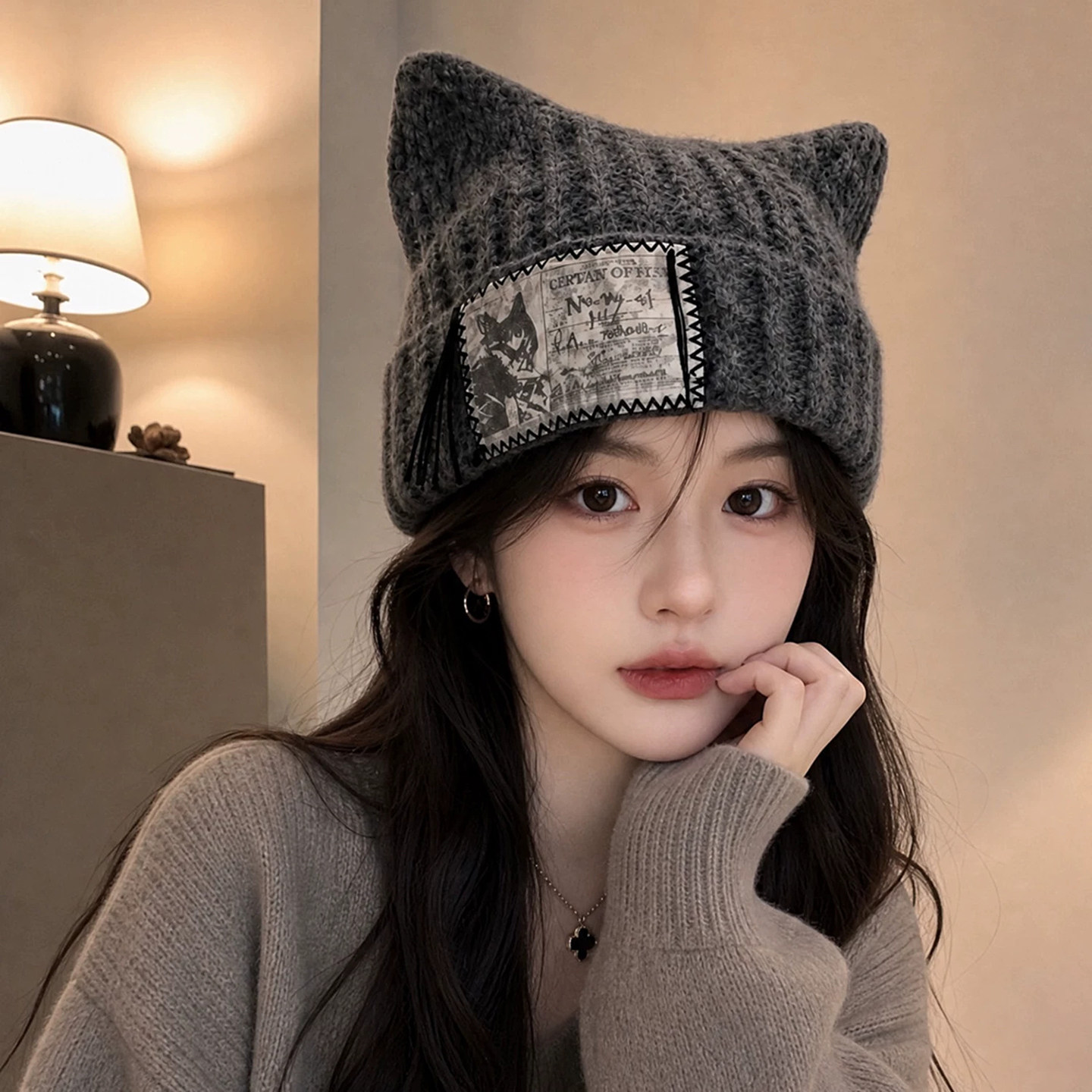 韩版猫耳针织帽女秋冬保暖显脸小