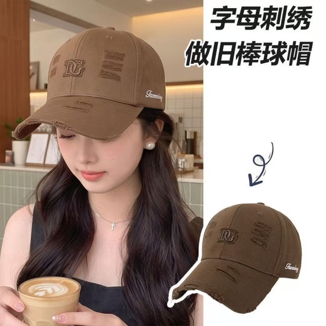 帽子女款2026新款秋季个性破洞字母棒球帽复古大头围遮阳帽鸭舌帽