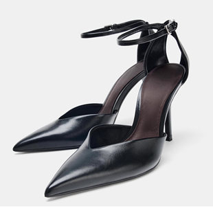 西班牙ZA家 性感风尖头细跟凉鞋女一字扣带中空穆勒鞋百搭高跟鞋