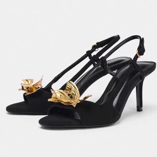 西班牙ZA家女鞋 欧美风黑色绒面金属装饰露跟细高跟女士时装凉鞋