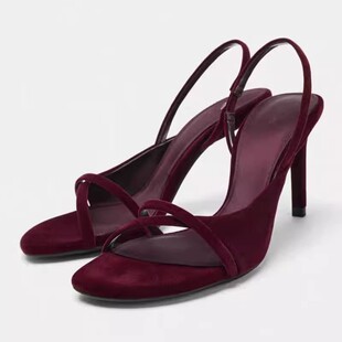 西班牙ZA家女鞋 性感风酒红色天鹅绒一字带细高跟露跟时装凉鞋女
