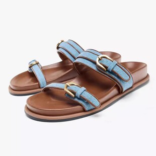 西班牙ZA家女鞋夏季新款牛仔风双搭扣平底一字拖女外穿沙滩凉拖鞋