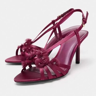 西班牙ZA家女鞋 时尚花朵装饰细高跟女鞋露趾细带交叉后绊带凉鞋