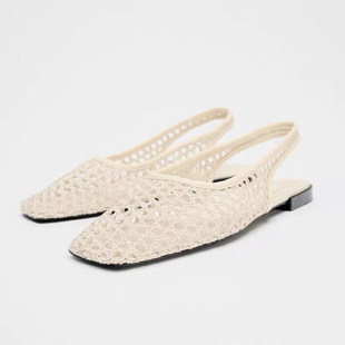 西班牙Z家 2025年秋季新款时尚百搭镂空编织网面平底方头凉鞋女