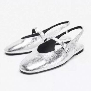 西班牙ZA家女鞋 银色圆头平底凉鞋女时尚芭蕾玛丽珍鞋气质女鞋