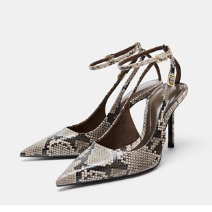 西班牙ZA家女鞋 蛇纹印花尖头后绑带凉鞋女高跟露跟性感气质单鞋