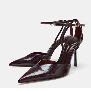 西班牙ZA家女鞋 欧美复古尖头细跟高跟鞋女绑带踝扣百搭时装凉鞋