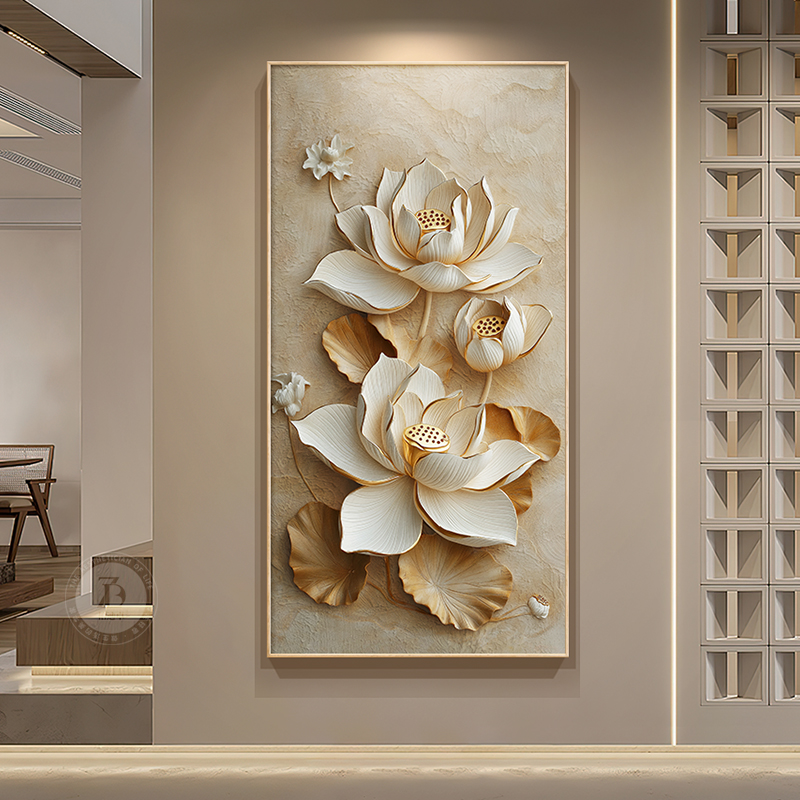 奶油侘寂风玄关装饰画浮雕立体感走廊过道尽头墙壁画复古荷花挂画图片