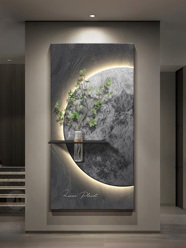 轻奢高端入口门入口装饰画现代高端月亮壁灯画走廊过道端挂画