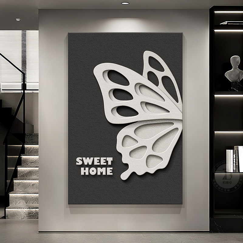 高级感入户门玄关装饰画抽象立体砂岩蝴蝶走廊过道挂画客厅落地画