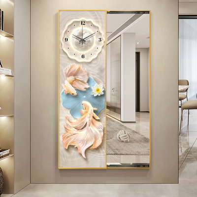 带时钟表可推拉隐藏式全身镜装饰画隐形试衣镜玄关锦鲤穿衣镜挂画