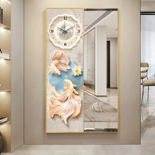 带时钟表可推拉隐藏式全身镜装饰画隐形试衣镜玄关锦鲤穿衣镜挂画