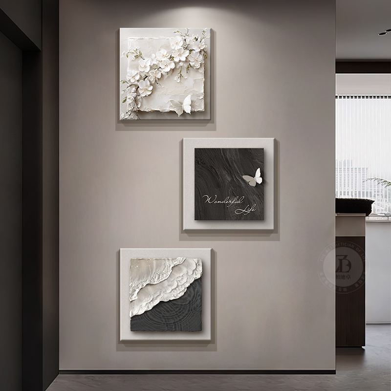 轻奢高级感玄关装饰画浮雕立体肌理感走廊过道挂画花卉入户三联画图片