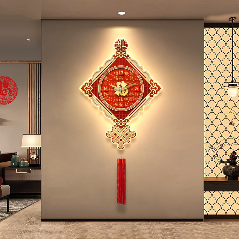 新中式带钟表挂墙玄关装饰画创意中国结挂钟走廊过道壁画客厅时钟