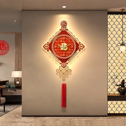 新中式带钟表挂墙玄关装饰画创意中国结挂钟走廊过道壁画客厅时钟