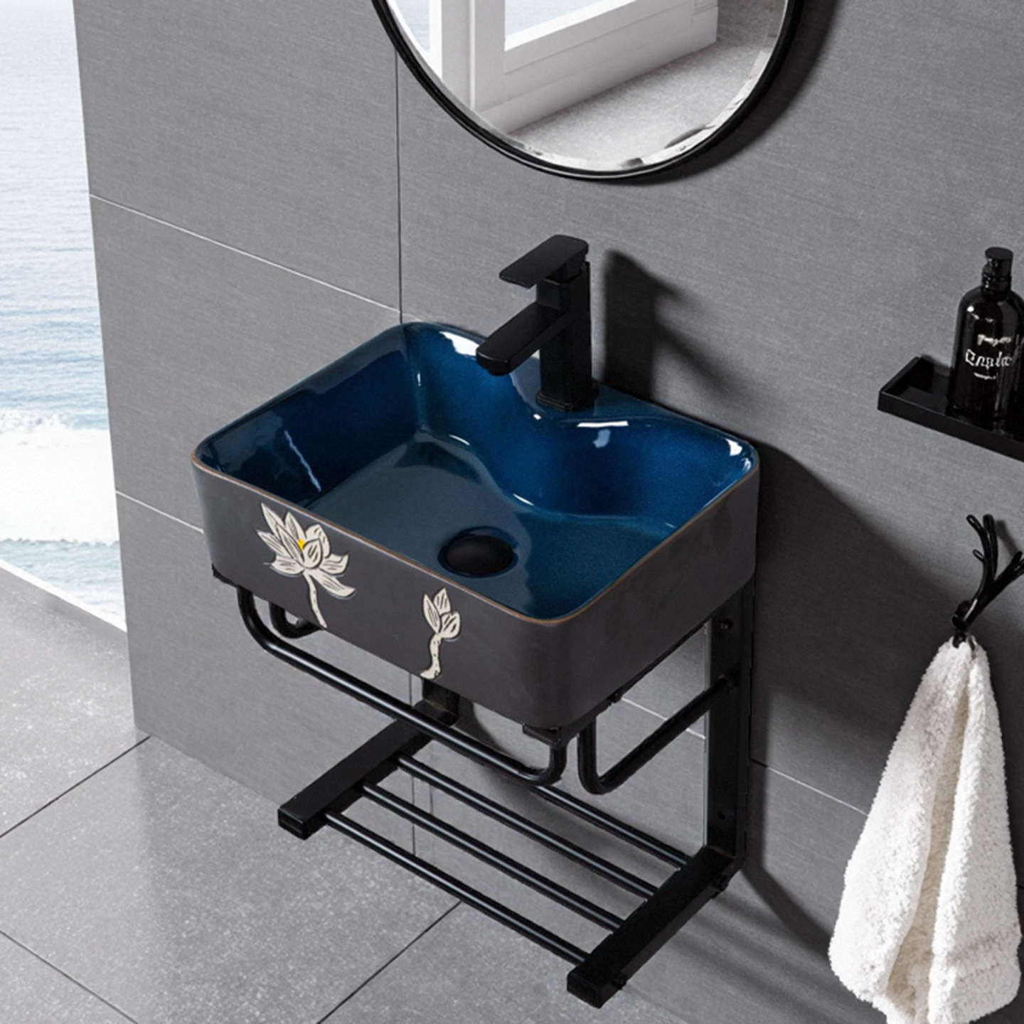 蓝色荷花挂墙式洗脸盆方形陶瓷带支架卫生间洗手盆小户型一体台盆,家装主材,挂墙式洗脸盆,淘宝优惠券,粉丝福利购,淘宝优惠卷