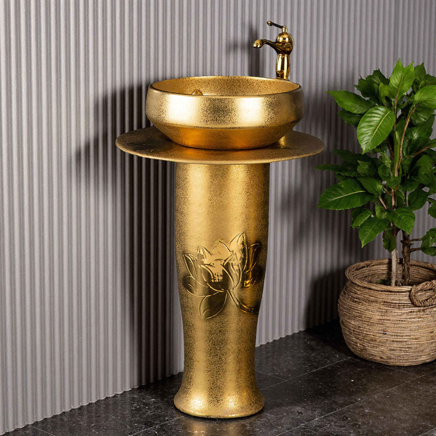 轻奢金色立柱盆洗脸盆小空间一体落地式洗手盆民宿酒吧KTV洗手台