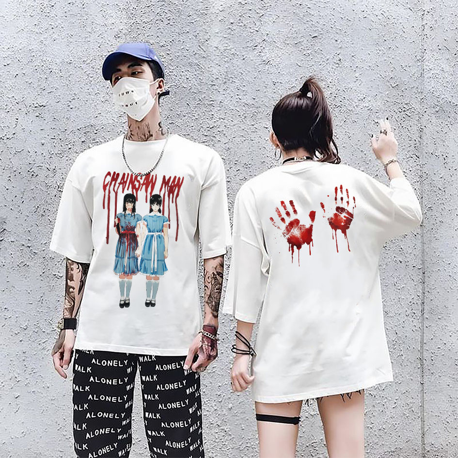 CLFC Chainsaw Man动漫暗黑恐怖双胞胎直喷T shirt小领口短袖TEE