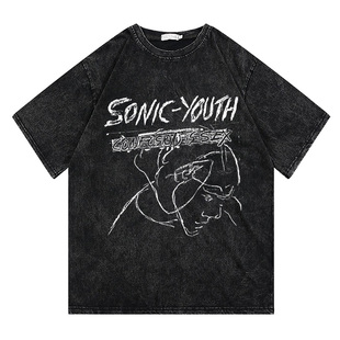 长袖 Youth音速青年涂鸦直喷水洗做旧透气纯棉短袖 T恤 Sonic CLFC