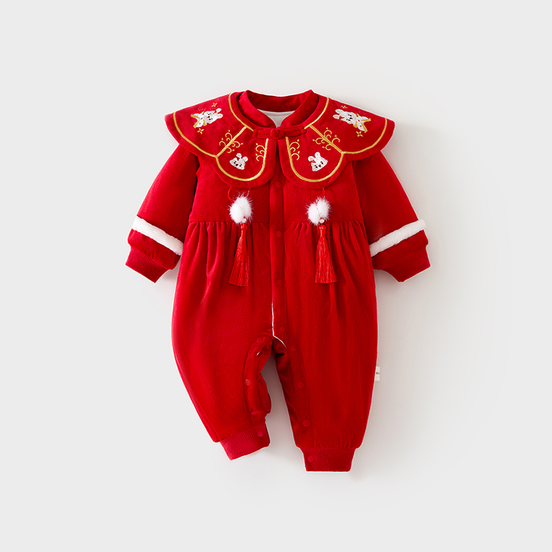 婴儿喜庆风连体衣周岁宝宝夹棉秋冬外出哈衣大红色花瓣领拜年爬服
