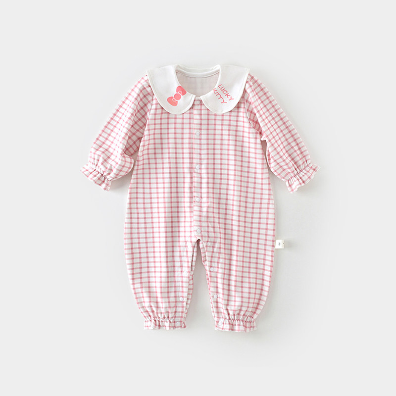 女宝宝连体衣春秋款甜美娃娃领纯棉无骨公主风外出服婴儿格子爬服
