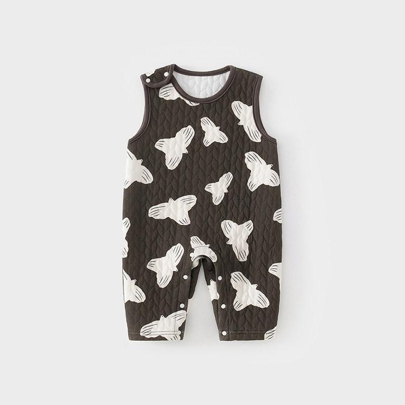 婴儿夹棉背带裤秋冬三层保暖男女宝宝连体衣无袖家居婴儿哈衣爬服
