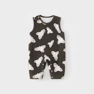 婴儿夹棉背带裤秋冬三层保暖男女宝宝连体衣无袖家居婴儿哈衣爬服