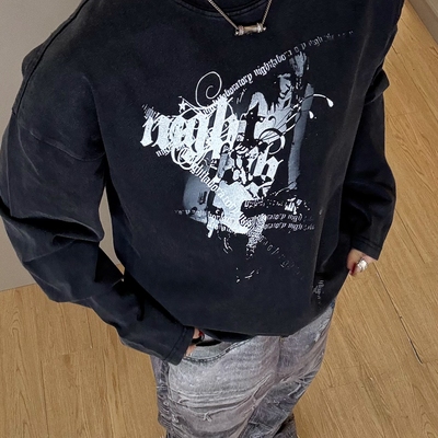 【锁链摇滚人像】美式休闲设计感小领口宽松字母印花长袖T恤街头