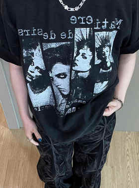 【复古朋克】复古做旧水洗黑色短袖t恤竹节棉美式嘻哈痞帅炸街