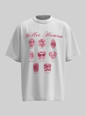 【八钻】美式字母纯棉设计感小领口宽松印花短袖T恤W342