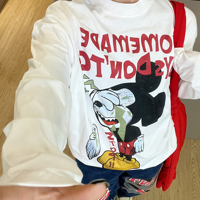 【悲伤sad米奇】美式休闲设计感小领口宽松字母印花长袖T恤hiphop