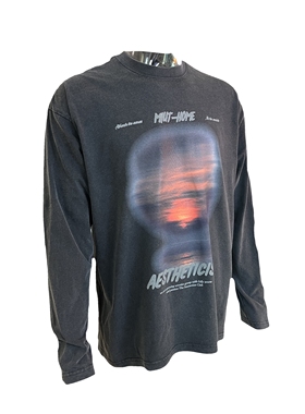 【日落唯美】高街简约240G洗水黑美式小领口打底宽松版型长袖T恤