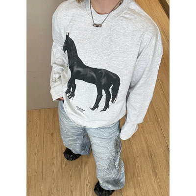 【皆是黑马】美式休闲设计感小领口宽松字母印花长袖T恤hiphop潮