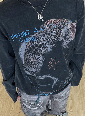 【豹豹涂鸦】美式休闲设计感小领口宽松字母印花长袖T恤来财来豹