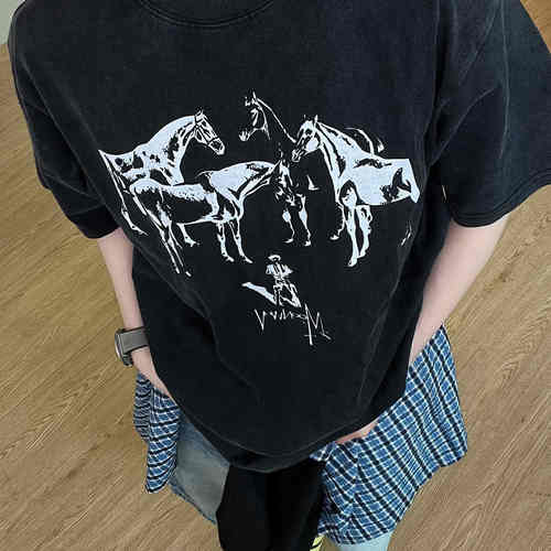 【君子一言下一句】美式人物短袖街头落肩袖T恤学生宽松百搭显瘦