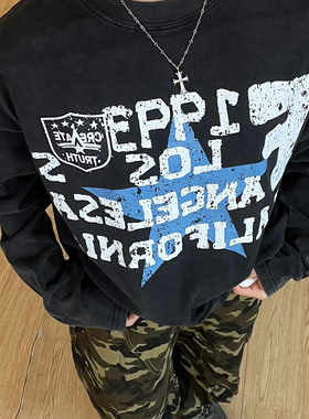 【街头五星】美式休闲设计感小领口宽松字母印花长袖T恤hiphop潮