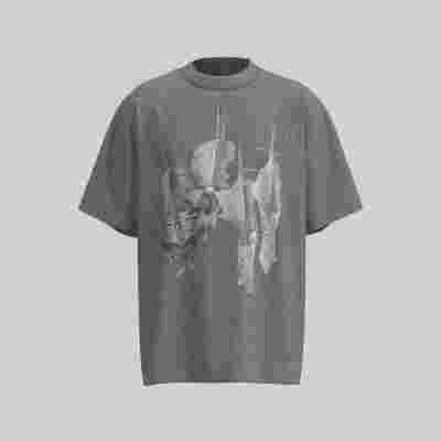 【剑骨】美式休闲人物纯棉设计感小领口宽松印花短袖T恤情侣W889