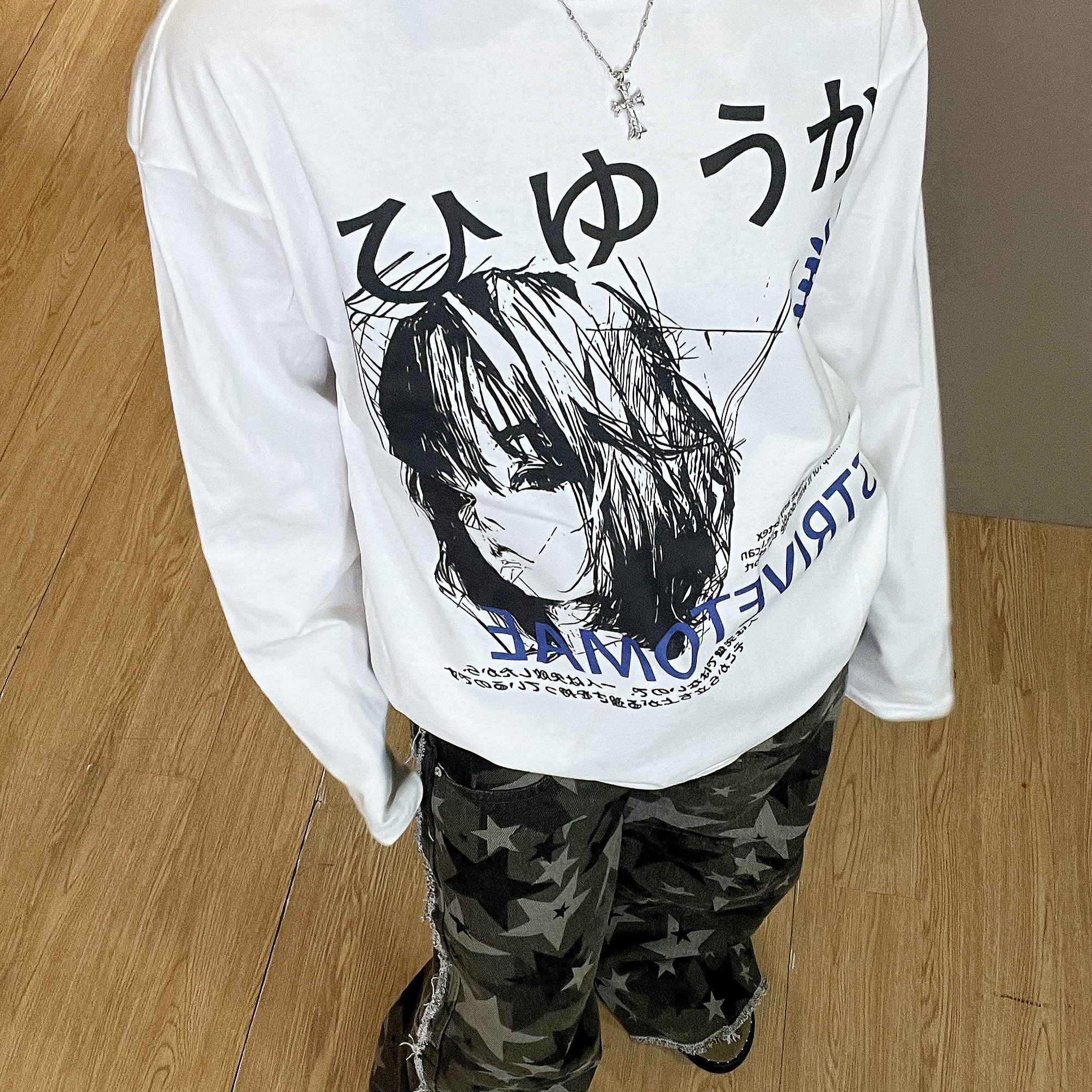 【涩谷女孩】原创美式休闲设计感小领口宽松印花长袖T恤hiphop