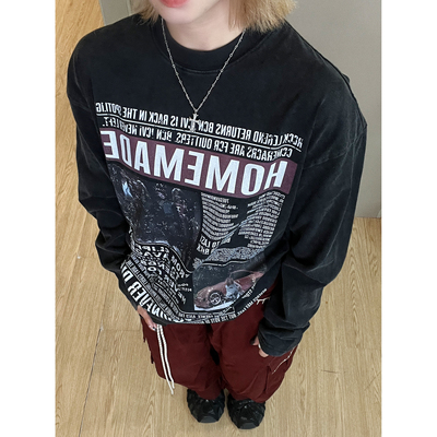 【邦乔维乐队海报】美式休闲设计感小领口宽松印花长袖T恤hiphop