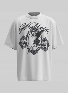 【珐琅绘镜】美式纯棉休闲设计感小领口宽松印花短袖T恤情侣W879