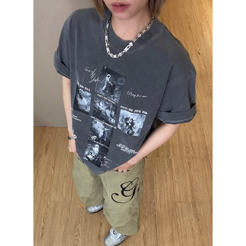 【胶片拼贴】美式夏T恤复古小众街头人像缝合印花短袖小领口剪影