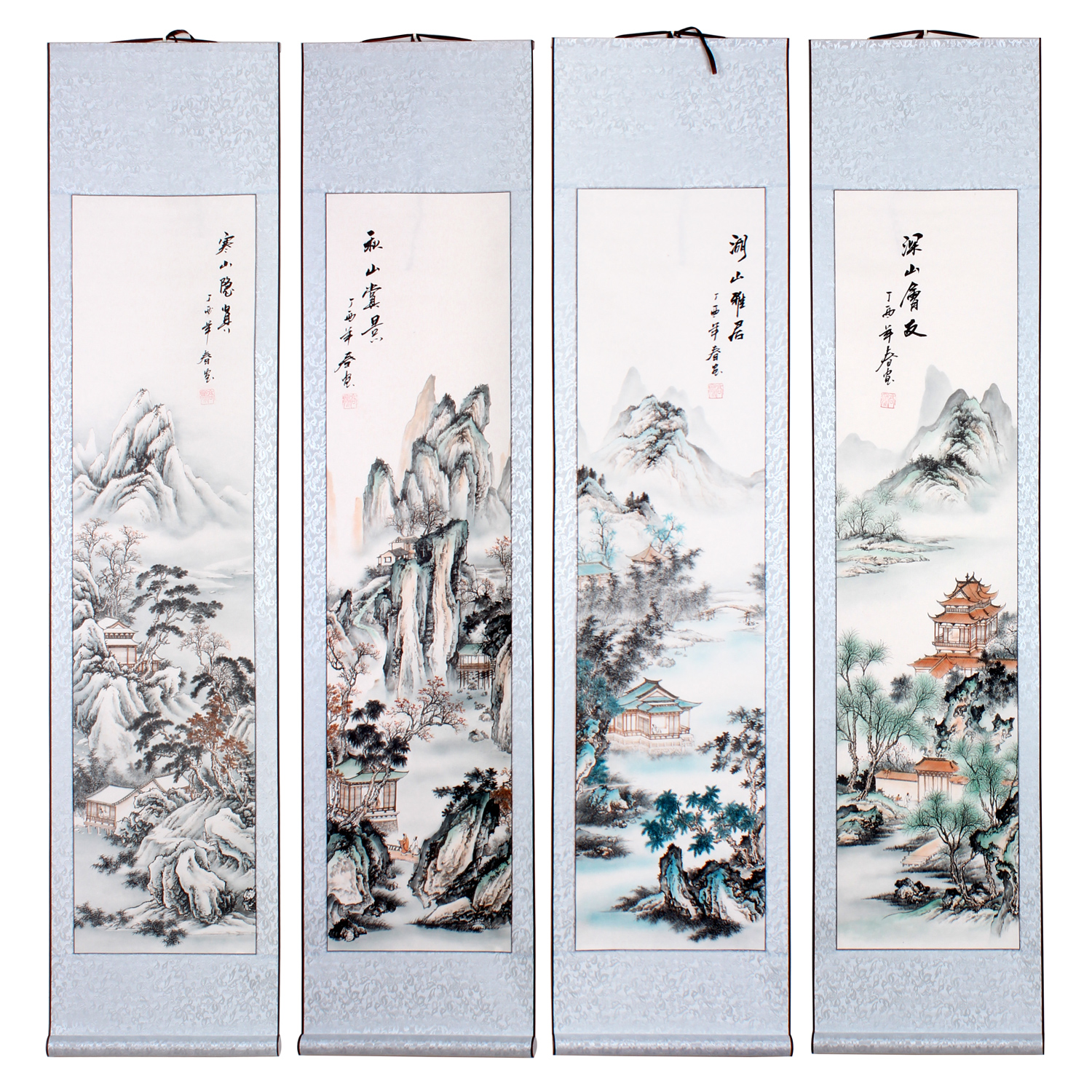国画四条屏春夏春冬四季仿古山水画卷轴挂画字画精品