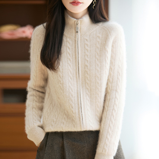 25秋冬100%纯羊毛开衫女半高领扭花加厚双拉链长袖宽松打底衫毛衣