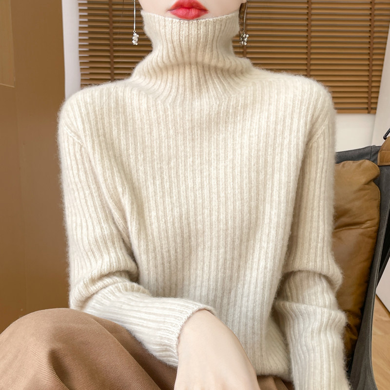 秋冬高领100%纯羊毛针织衫女一线成衣抽条羊绒衫宽松长袖打底毛衣